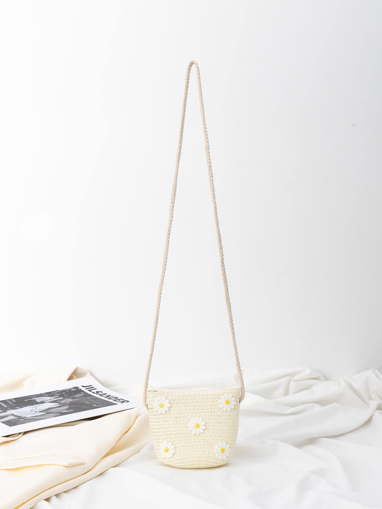可愛兒童海灘編織可折疊小菊花肩背包,完美送禮之選 - 白色 - 查看 1