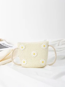 可愛兒童海灘編織可折疊小菊花肩背包,完美送禮之選 - 白色 - 查看 2