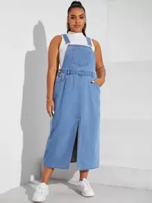 SHEIN EZwear Plus Split Hem Denim Pinafore Dress Without Tank Top - Light Wash - View 3
