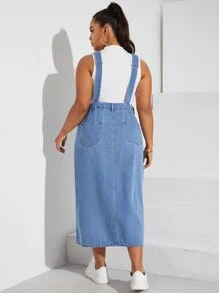 SHEIN EZwear Plus Split Hem Denim Pinafore Dress Without Tank Top - Light Wash - View 2