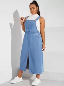 SHEIN EZwear Plus Split Hem Denim Pinafore Dress Without Tank Top - Light Wash - View 5