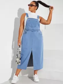 SHEIN EZwear Plus Split Hem Denim Pinafore Dress Without Tank Top - Light Wash - View 1