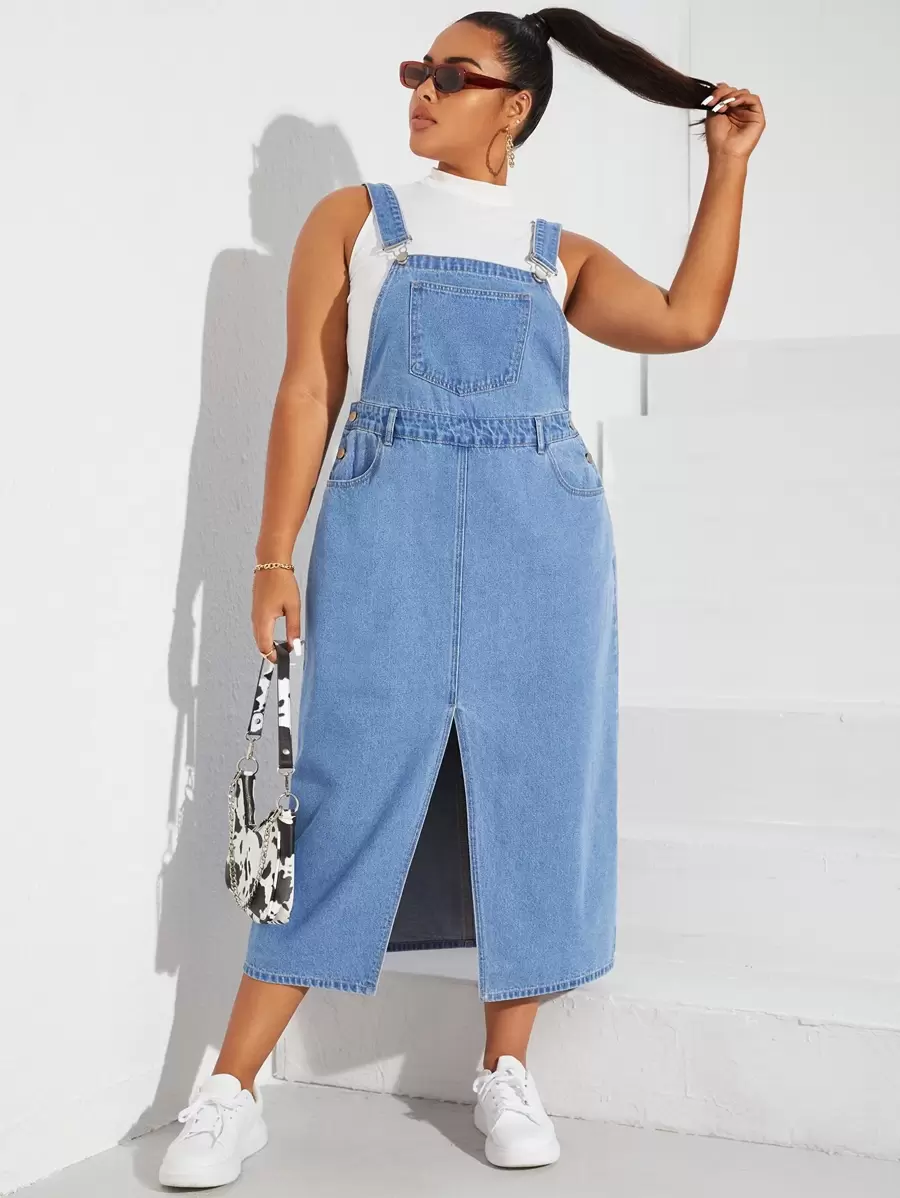 SHEIN EZwear Plus Split Hem Denim Pinafore Dress Without Tank Top - Light Wash - View 1