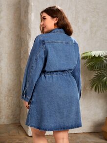 Plus Drawstring Waist Pocket Patched Denim Dress - Medium Wash - View 3