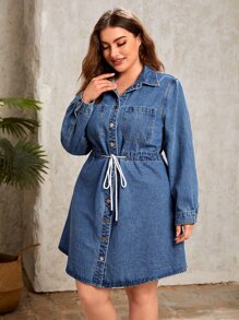 Plus Drawstring Waist Pocket Patched Denim Dress - Medium Wash - View 4