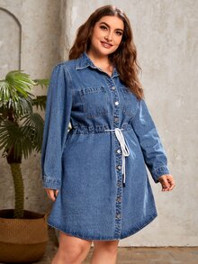 Plus Drawstring Waist Pocket Patched Denim Dress - Medium Wash - View 5