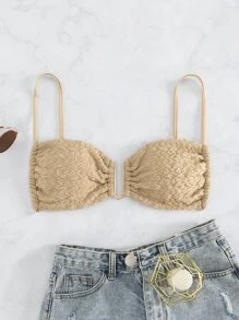 SHEIN Swim Summer Beach Solid Ruched Bustier Bikini Top - Khaki - View 1