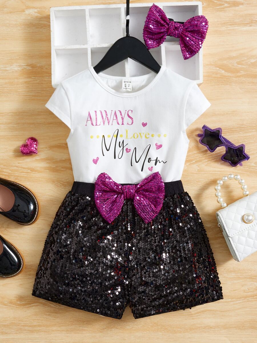 SHEIN 女孩標語圖案T恤和前蝴蝶結亮片短褲和頭巾 - 彩色 - 查看 1