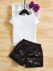 SHEIN 女孩標語圖案T恤和前蝴蝶結亮片短褲和頭巾 - 彩色 - 查看 2