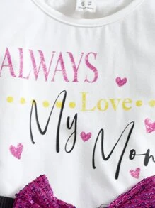 SHEIN 女孩標語圖案T恤和前蝴蝶結亮片短褲和頭巾 - 彩色 - 查看 3