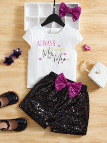 SHEIN 女孩標語圖案T恤和前蝴蝶結亮片短褲和頭巾 - 彩色 - 查看 4