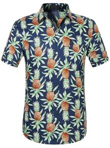 男士鳳梨印花前紐扣襯衫 - 藏蓝色 - 查看 1