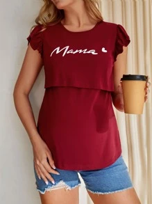 SHEIN Maternidad Camiseta con estampado de letra ribete con fruncido amamantamiento - Burdeos - Ver 2