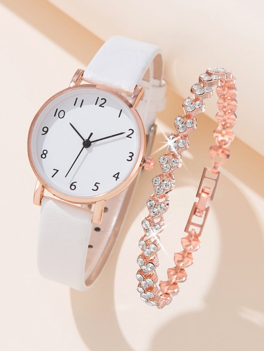 1 Đồng Hồ Nữ Tròn Con Trỏ Đồng Hồ Thạch Anh & 1 Vòng Tay Ngày Lễ Đơn Giản Quy Mô Kỹ Thuật Số Hợp Kim Kẽm Mặt Số dây Đeo Pu Trắng Đồng Hồ Nữ - trắng - Xem 1