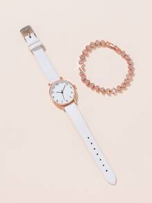 1 Đồng Hồ Nữ Tròn Con Trỏ Đồng Hồ Thạch Anh & 1 Vòng Tay Ngày Lễ Đơn Giản Quy Mô Kỹ Thuật Số Hợp Kim Kẽm Mặt Số dây Đeo Pu Trắng Đồng Hồ Nữ - trắng - Xem 3