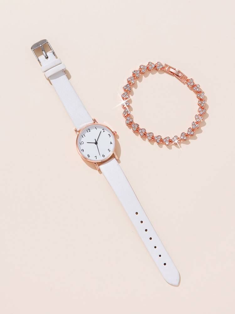 1 Đồng Hồ Nữ Tròn Con Trỏ Đồng Hồ Thạch Anh & 1 Vòng Tay Ngày Lễ Đơn Giản Quy Mô Kỹ Thuật Số Hợp Kim Kẽm Mặt Số dây Đeo Pu Trắng Đồng Hồ Nữ - trắng - Xem 3