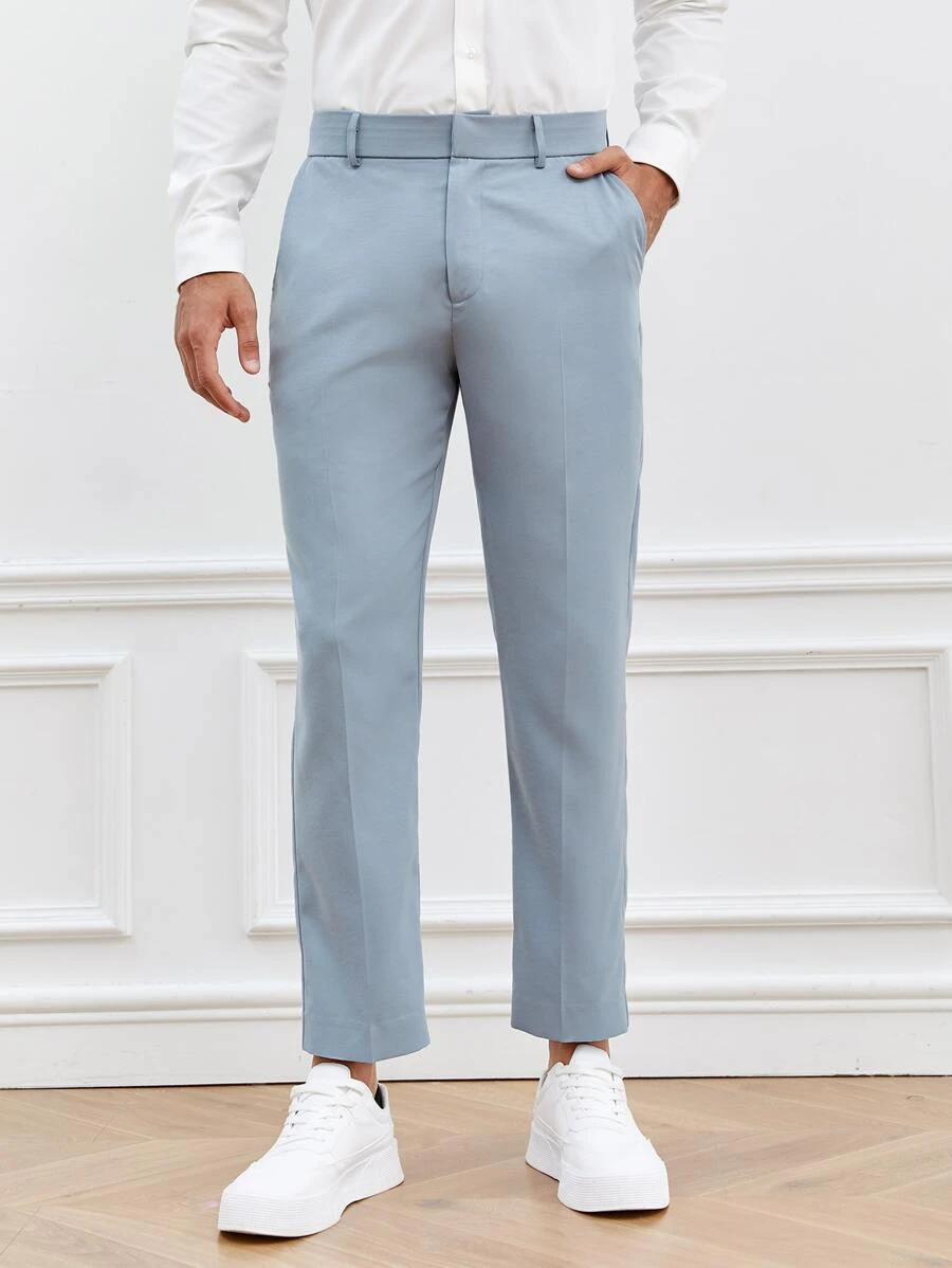 Manfinity NiteLyfe 男士素色斜口袋直筒西裝褲 - 淺藍色 - 查看 1