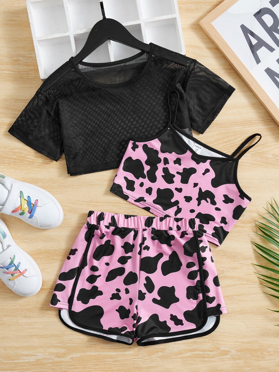 SHEIN Girls Fishnet Top & Cami Top & Cow Print Shorts - Multicolor - View 1