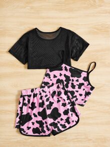 SHEIN Girls Fishnet Top & Cami Top & Cow Print Shorts - Multicolor - View 2