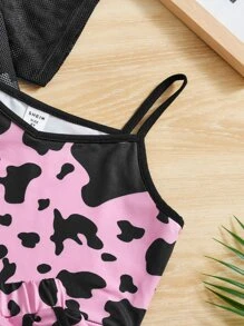 SHEIN Girls Fishnet Top & Cami Top & Cow Print Shorts - Multicolor - View 4