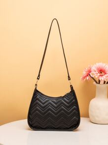 时尚通勤拼接单肩包女士斜挎包拉链腋下包女包 - 黑色 - 查看 6