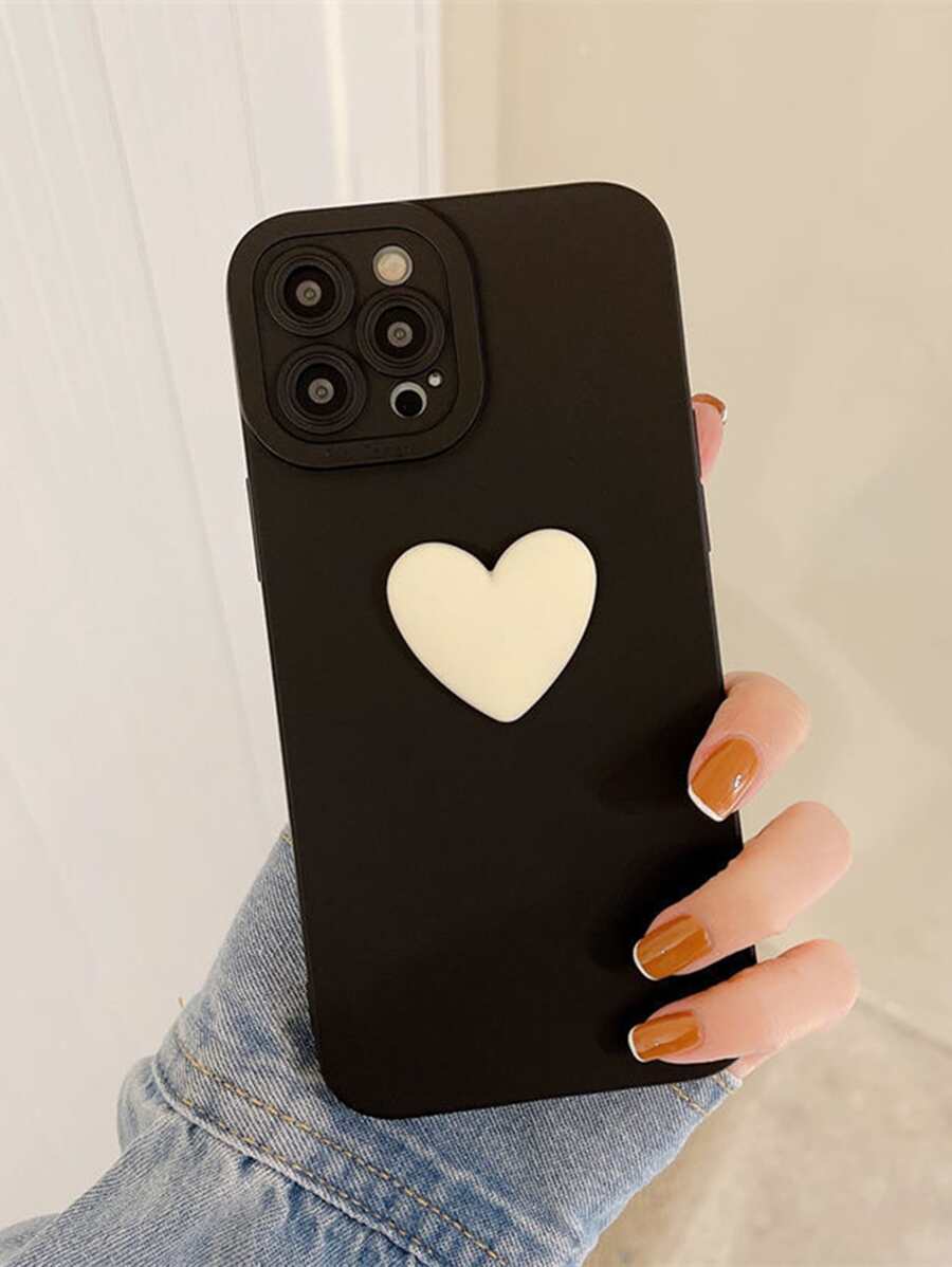 1个3D心形手机壳，兼容 15/14/13/12/11，情人节情侣礼物，国际版，非国内版 - 黑色 - 查看 1