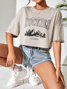 SHEIN Unity Mountain & Letter Graphic Drop Shoulder Crop Tee - Khaki - View 3