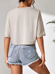 SHEIN Unity Mountain & Letter Graphic Drop Shoulder Crop Tee - Khaki - View 2