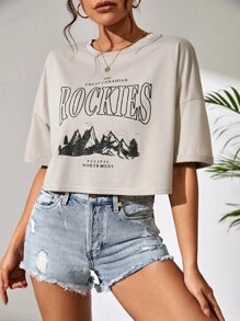 SHEIN Unity Mountain & Letter Graphic Drop Shoulder Crop Tee - Khaki - View 1