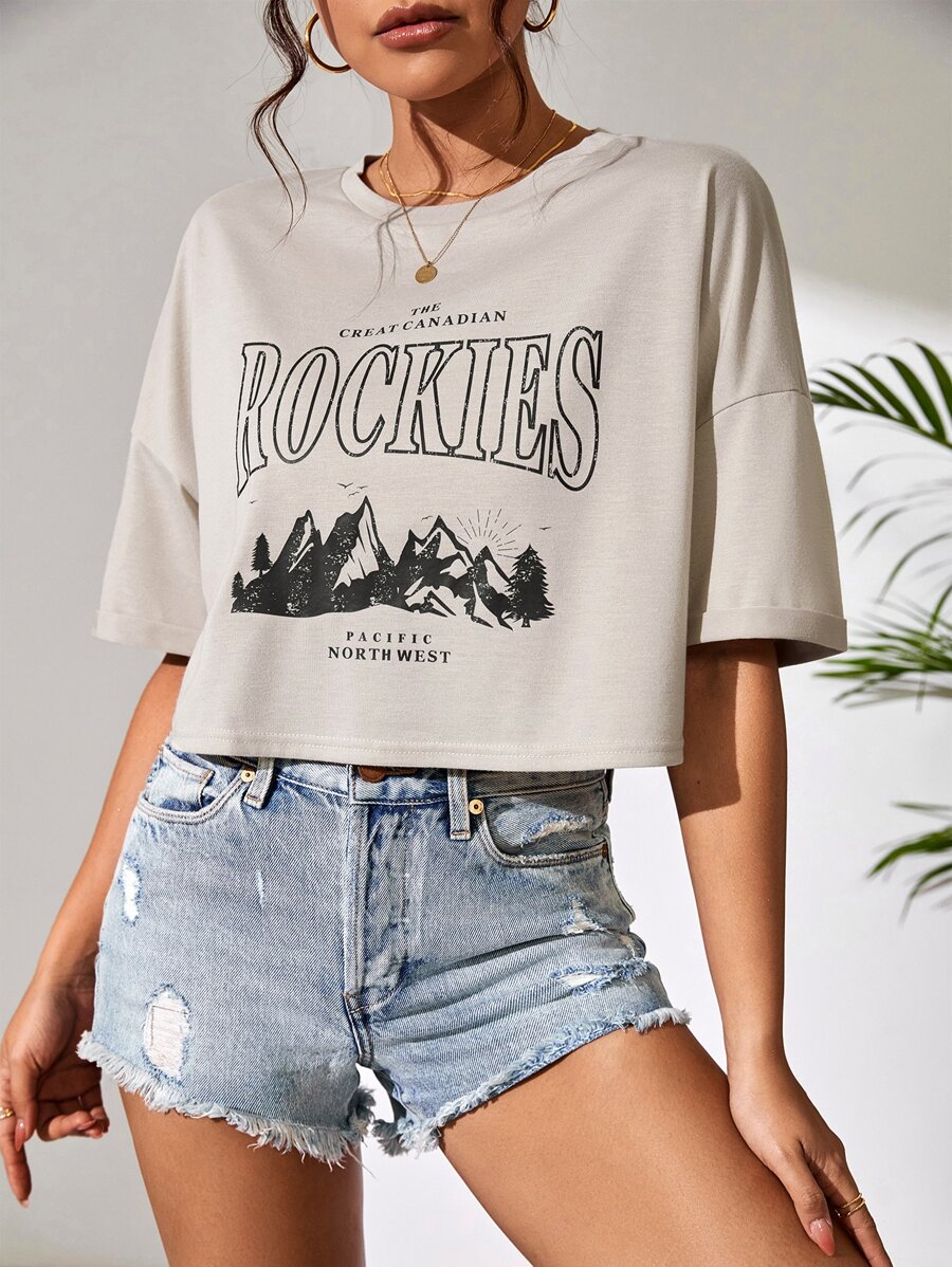 SHEIN Unity Mountain & Letter Graphic Drop Shoulder Crop Tee - Khaki - View 1