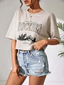 SHEIN Unity Mountain & Letter Graphic Drop Shoulder Crop Tee - Khaki - View 5