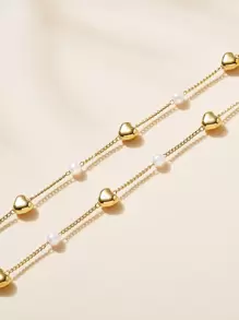 1 件人造珍珠和心形项链和 1 件手链套装，适合女士，珠子数量随机情人节