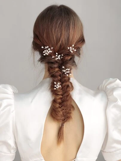 5个欧根纱花朵珍珠发夹发饰，适合婚礼、派对和日常佩戴，可混搭作为情人节配饰
