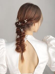 5个欧根纱花朵珍珠发夹发饰，适合婚礼、派对和日常佩戴，可混搭作为情人节配饰 - 金色 - 查看 3