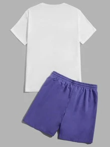 GENTILAND Men Letter Patched Detail Tee & Drawstring Waist Shorts - Multicolor - View 2