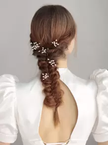 5个欧根纱花朵珍珠发夹发饰，适合婚礼、派对和日常佩戴，可混搭作为情人节配饰 - 金色 - 查看 4