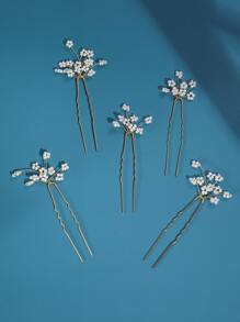 5个欧根纱花朵珍珠发夹发饰，适合婚礼、派对和日常佩戴，可混搭作为情人节配饰 - 金色 - 查看 5