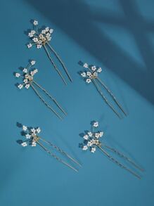 5个欧根纱花朵珍珠发夹发饰，适合婚礼、派对和日常佩戴，可混搭作为情人节配饰 - 金色 - 查看 6