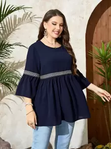 Mulvari Plus Contrast Tape Flounce Sleeve Peplum Blouse - Navy Blue - View 1