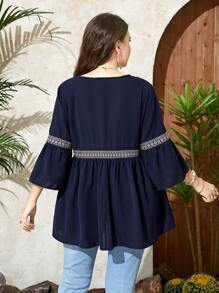 Mulvari Plus Contrast Tape Flounce Sleeve Peplum Blouse - Navy Blue - View 2