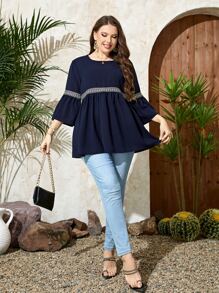 Mulvari Plus Contrast Tape Flounce Sleeve Peplum Blouse - Navy Blue - View 3