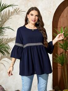 Mulvari Plus Contrast Tape Flounce Sleeve Peplum Blouse - Navy Blue - View 5