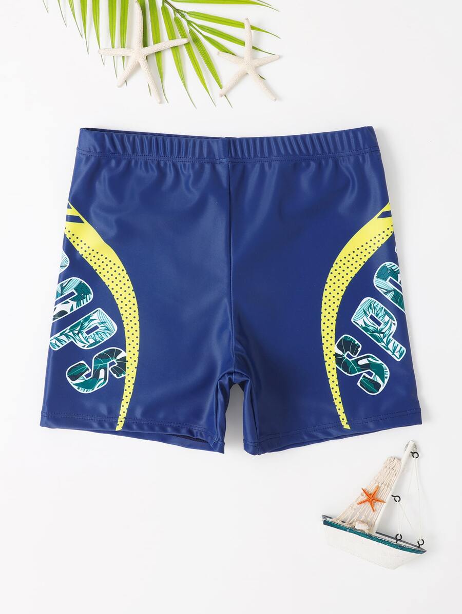 Boys Tropical & Letter Graphic Swim Trunks - Navy Blue - View 1