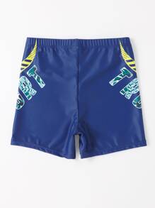 Boys Tropical & Letter Graphic Swim Trunks - Navy Blue - View 2