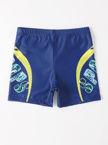 Boys Tropical & Letter Graphic Swim Trunks - Navy Blue - View 3