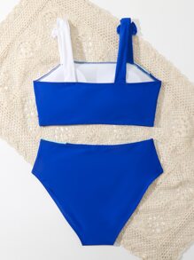 SHEIN 少女拼色蝴蝶结肩部比基尼套装夏季海滩 - 藍色 - 查看 2