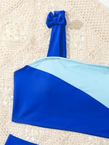 SHEIN 少女拼色蝴蝶结肩部比基尼套装夏季海滩 - 藍色 - 查看 3