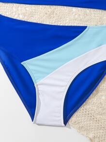 SHEIN 少女拼色蝴蝶结肩部比基尼套装夏季海滩 - 藍色 - 查看 4