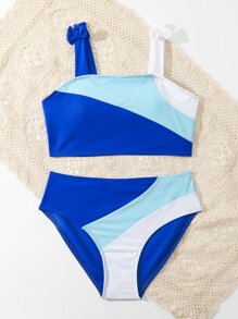 SHEIN 少女拼色蝴蝶结肩部比基尼套装夏季海滩 - 藍色 - 查看 5