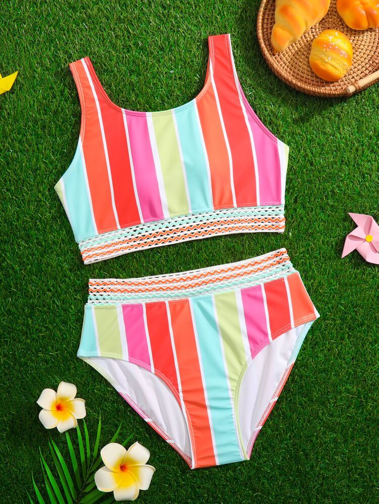 Teen Girls Block Striped Bikini Set Summer Beach